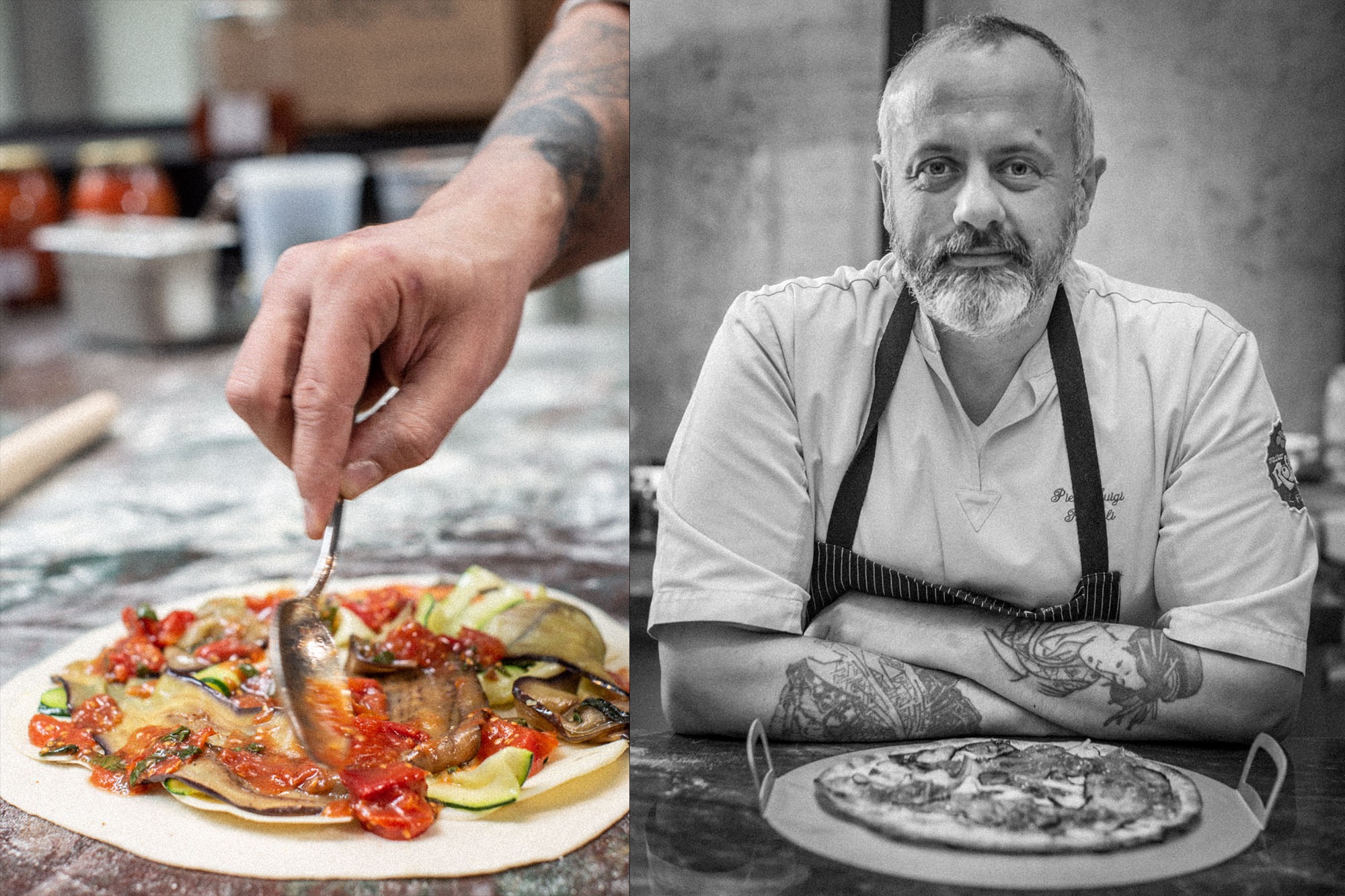 A portrait of a pizza maker making pizzas.