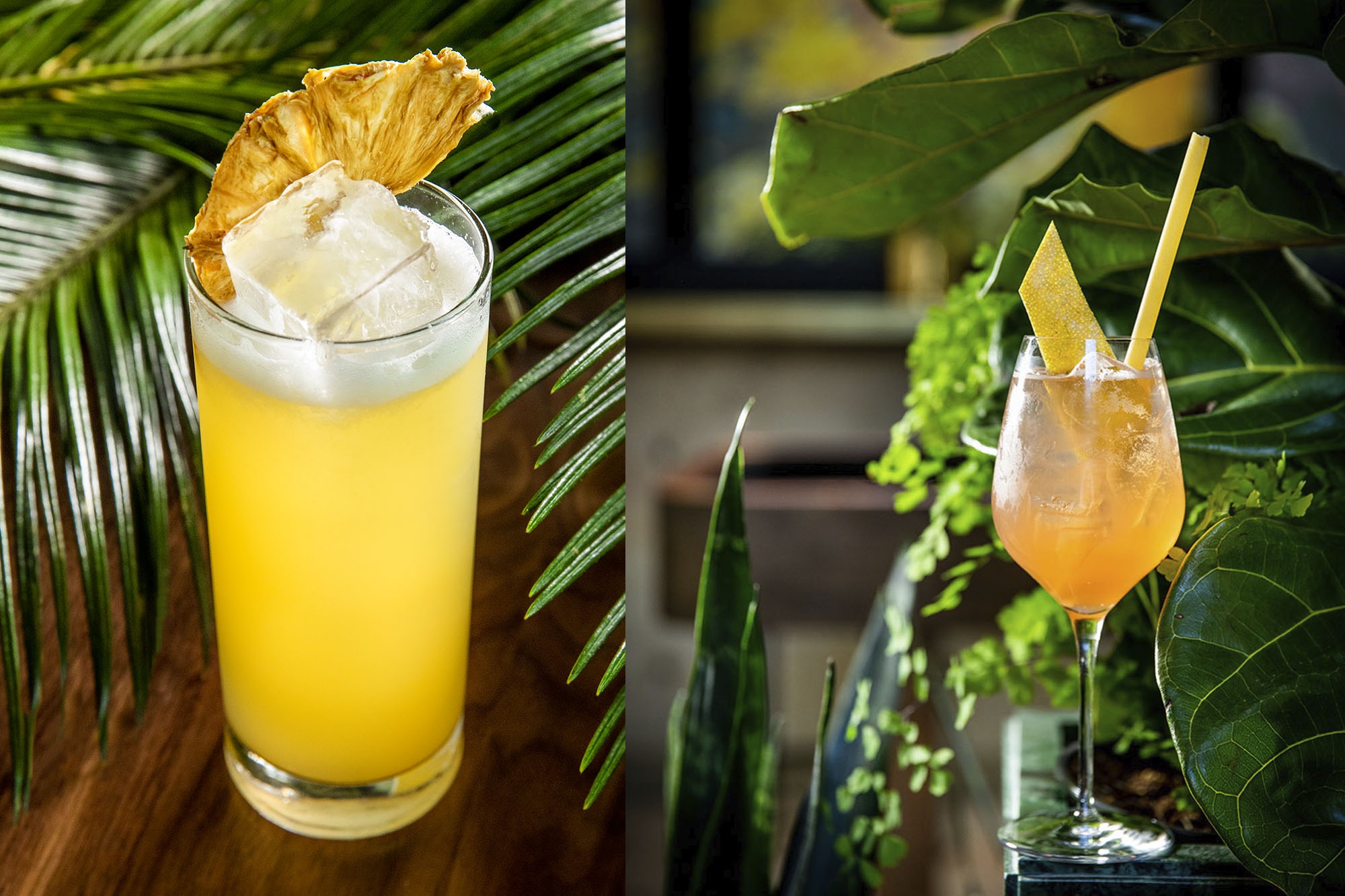 A tropical cocktail photographed at the rooftop bar Lemons and a cocktail with a pasta straw at the restaurant Feroce.
