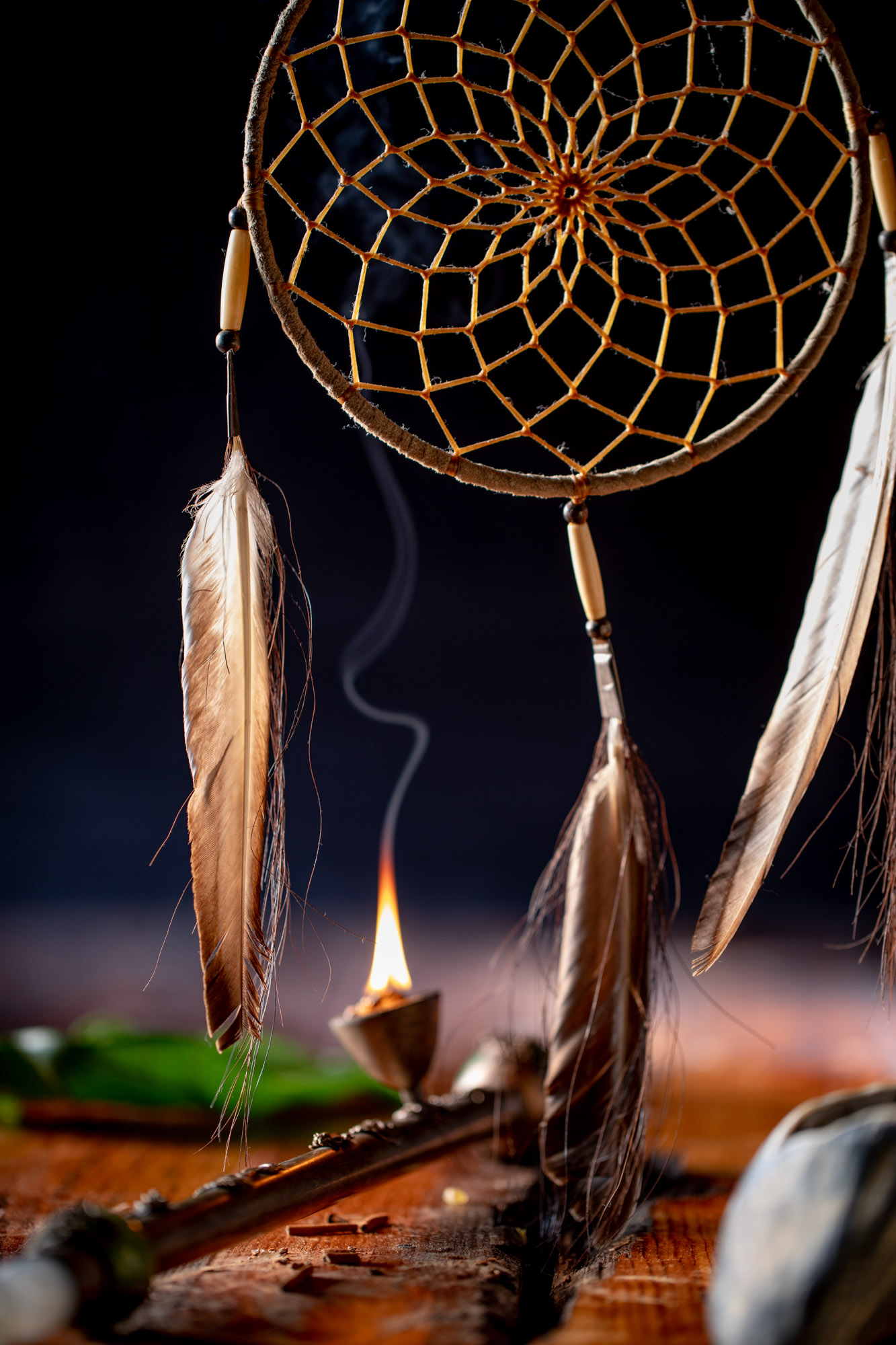 A dreamcatcher hanging in a mystical setting
