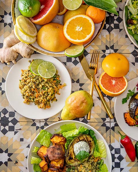 Healthy food spread shot for Mulberry and Vine